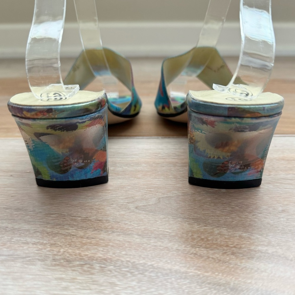 Vintage 90s Fioni Holographic Butterfly Sunflower Heels Mules Shoes Rave 6.5 - Picture 7 of 10